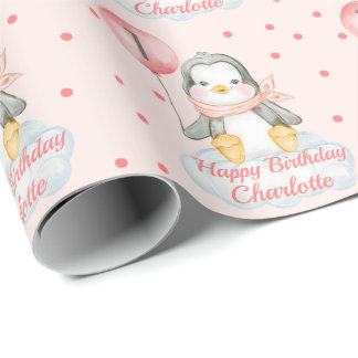 誕生日ベビーペンギンピンク ラッピングペーパー