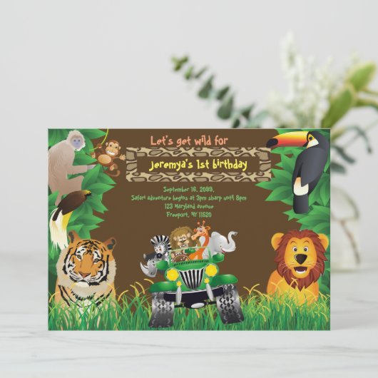 誕生日ベビー、サファリの誕生日、ジャングル動物 招待状 (スタンド正面)