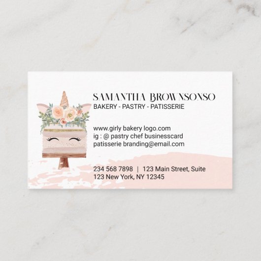 誕生日ベーカリーユニコーンケーキ赤面ピンク 名刺 (裏面)