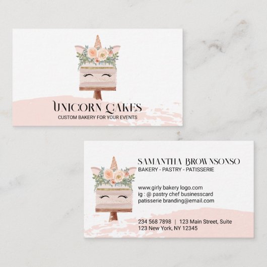 誕生日ベーカリーユニコーンケーキ赤面ピンク 名刺 (正面/裏面)