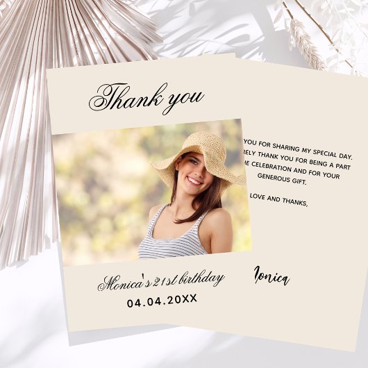 誕生日ベージュ写真サンキューカード 招待状