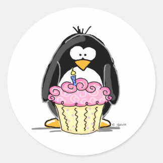 誕生日ペンギンとカップケーキ ラウンドシール