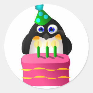 誕生日ペンギンとケーキ ラウンドシール