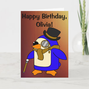 誕生日ペンギンなめし革ブラウンカスタマイズ可能 カード
