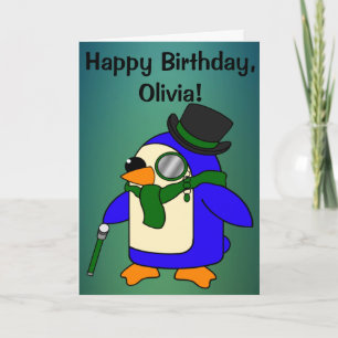 誕生日ペンギンティール(緑がかった色)グラスエメラルドカスタマイズ可能 カード