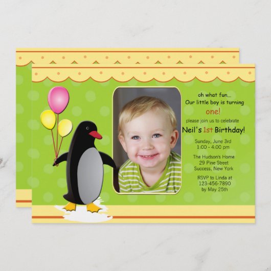 誕生日ペンギンフォト招待状 招待状 (正面/裏面)