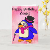 誕生日ペンギンフローリーパステルピンクカスタマイズ可能 カード (黄色い花)