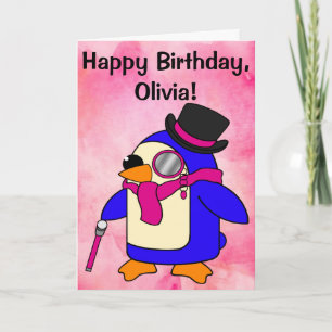 誕生日ペンギンフローリーパステルピンクカスタマイズ可能 カード