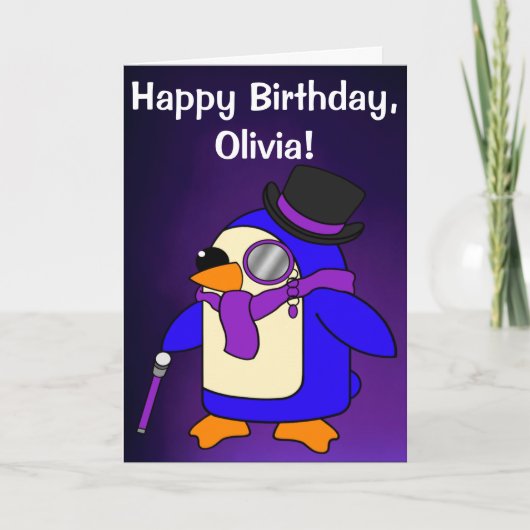 誕生日ペンギン深い紫バイオレットカスタマイズ可能 カード (正面)