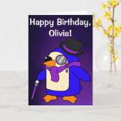 誕生日ペンギン深い紫バイオレットカスタマイズ可能 カード (黄色い花)