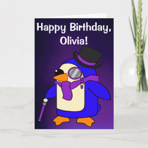 誕生日ペンギン深い紫バイオレットカスタマイズ可能 カード