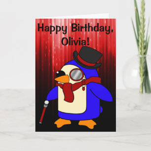 誕生日ペンギン黒と赤のカスタマイズ可能 カード