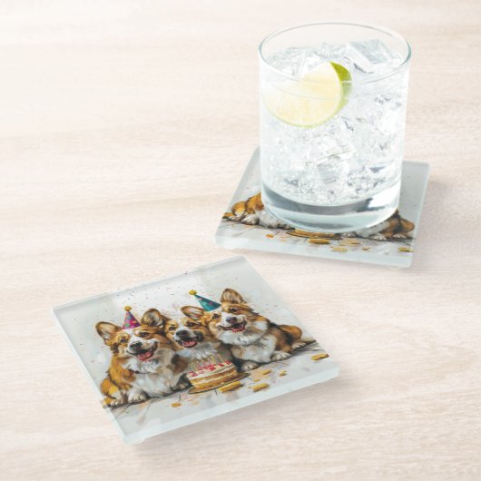 誕生日ペンブロークウェルシュコーギードッグ ガラスコースター (アングル)