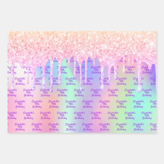 誕生日ホログラフィックピンクグリッターの乾燥名 ラッピングペーパーシート (正面3)