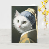 誕生日ホワイトキャット(真珠のイヤリング付絵を描き) カード (黄色い花)