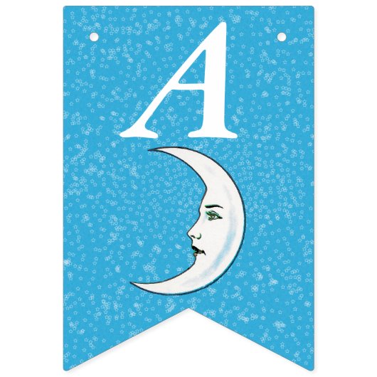 誕生日ホワイトクレセントムーンウィズ顔スターズアクア バンティングフラッグ (第2の旗)