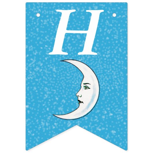 誕生日ホワイトクレセントムーンウィズ顔スターズアクア バンティングフラッグ (第1の旗)