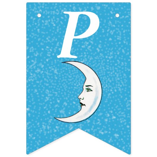 誕生日ホワイトクレセントムーンウィズ顔スターズアクア バンティングフラッグ (第3の旗)