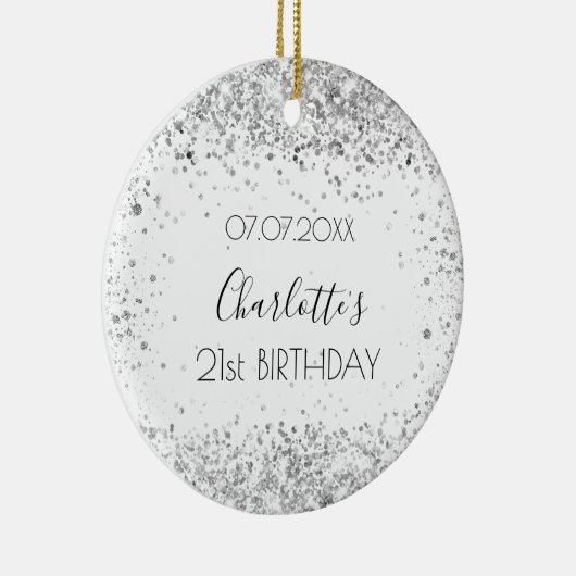 誕生日ホワイトシルバーグリッターのフレンド名 セラミックオーナメント (右)