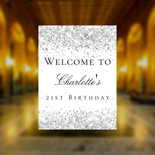 誕生日ホワイトシルバーグリッター歓迎 ポスター