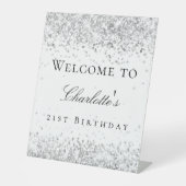 誕生日ホワイトシルバーグリッター歓迎 台座サイン (正面)