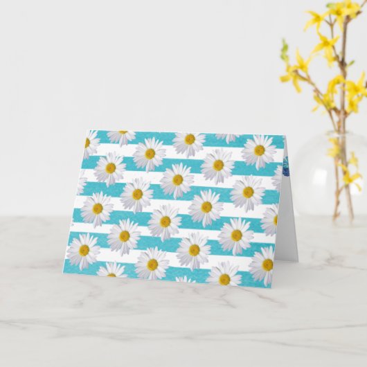 誕生日ホワイトデイジーオンアクアストライプー カード (黄色い花)