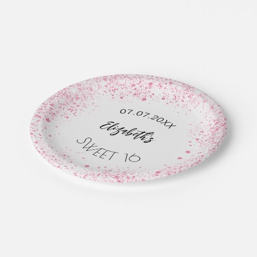 誕生日ホワイトピンクグリッターガールネーム ペーパープレート (アングル)