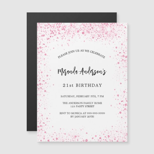 誕生日ホワイトピンクグリッタースパークルズ高級 マグネット招待状 (正面/裏面)