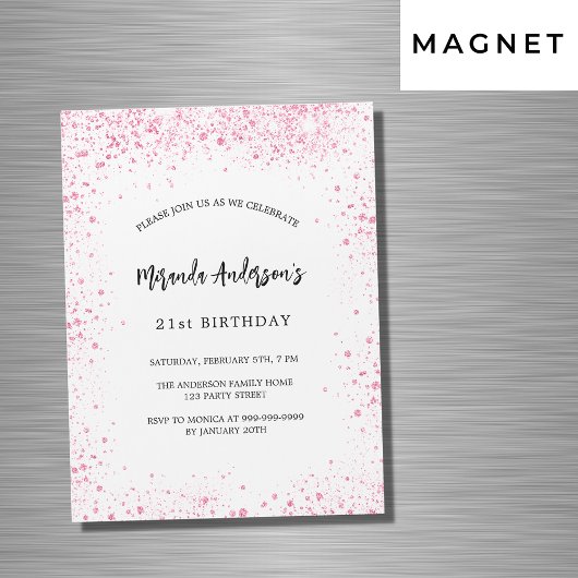 誕生日ホワイトピンクグリッタースパークルズ高級 マグネット招待状