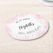 誕生日ホワイトピンクグリッター名 ラウンドペーパーコースター (アングル)