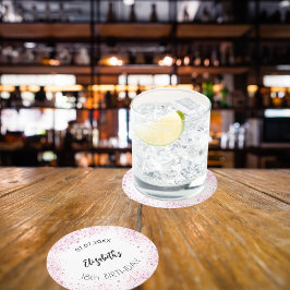 誕生日ホワイトピンクグリッター名 ラウンドペーパーコースター