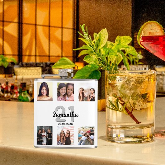 誕生日ホワイトモノグラム写真コラージュの友人 フラスク