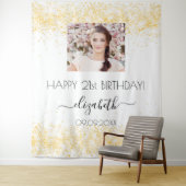 誕生日ホワイト金ゴールドグリッター写真名ようこそ タペストリー (インサイチュ)