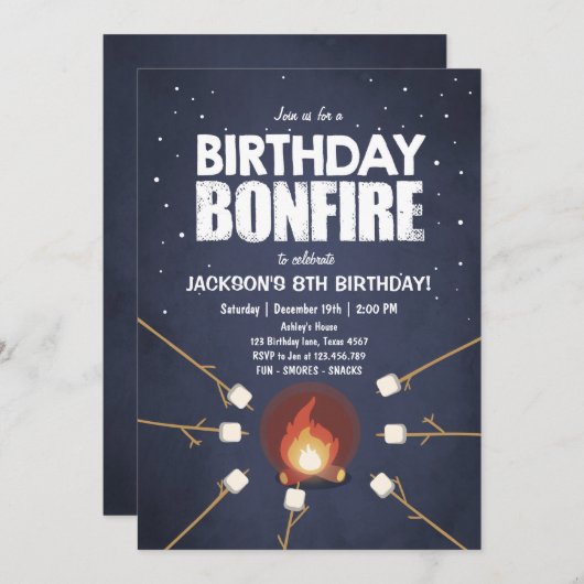 誕生日ボンファイアキャンプアウトクックアウトパーティの招待状 招待状 (正面/裏面)