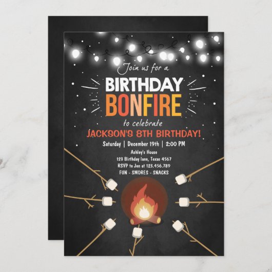 誕生日ボンファイアキャンプアウトクックアウトパーティの招待状 招待状 (正面/裏面)