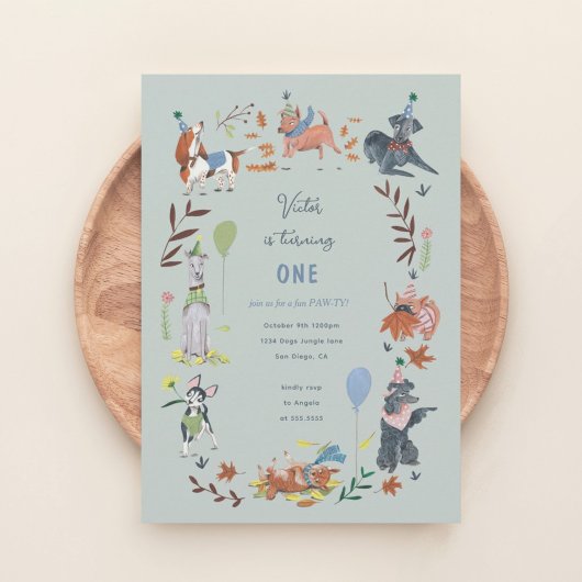 誕生日ボーイのパーティー かわいい子犬の犬 招待状