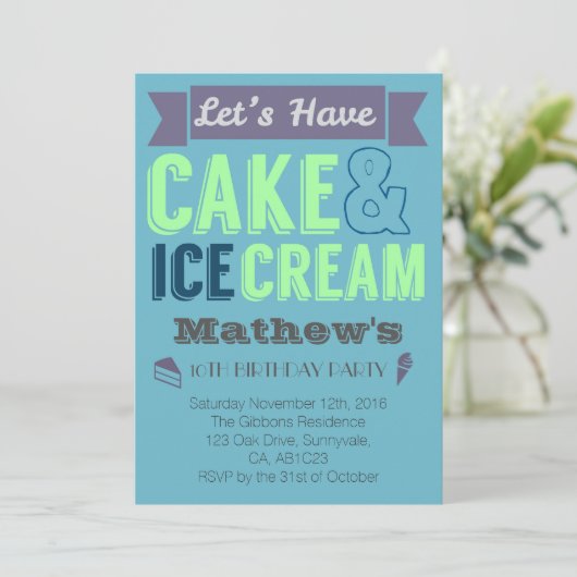 誕生日ボーイケーキアイスクリームパーティの招待状 招待状 (スタンド正面)