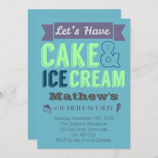 誕生日ボーイケーキアイスクリームパーティの招待状 招待状 (正面/裏面)