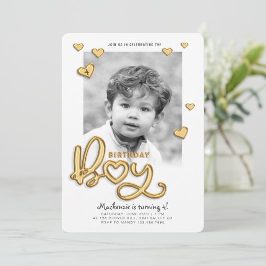 誕生日ボーイゴールドフォイルバルーン文字写真 招待状 (スタンド正面)