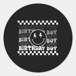 誕生日ボーイズGroovyスマイル顔市松模様に誕生日 ラウンドシール