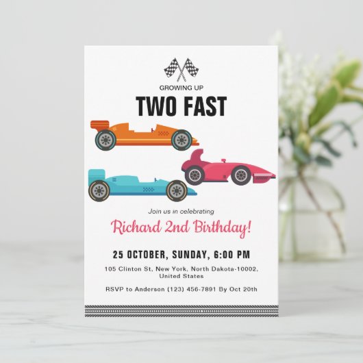 誕生日ボーイツーファストレースカーのテーマパーティー 招待状 (スタンド正面)