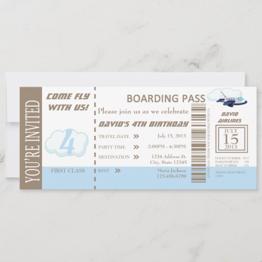 誕生日ボーイフライトチケット招待状カスタマイズ可能 招待状 (正面)