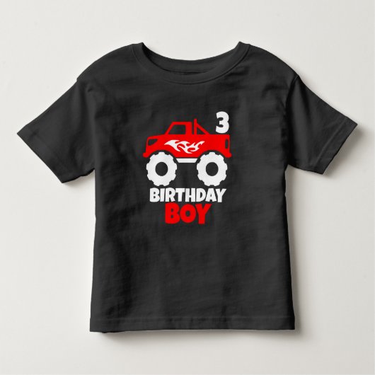 誕生日ボーイレッドモンスタートラックとエイジブラック トドラーTシャツ (正面)