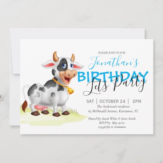 誕生日ボーイ牛おもしろいファームパーティの招待状 案内状 (正面)