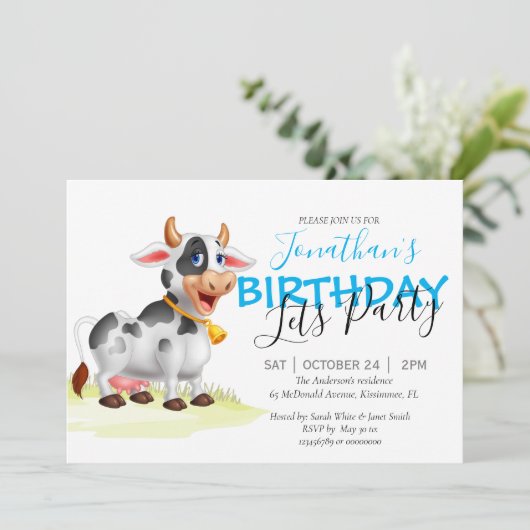 誕生日ボーイ牛おもしろいファームパーティの招待状 案内状 (スタンド正面)