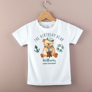 誕生日ボーイ航海のテディベアパーティーカスタム ベビーTシャツ