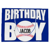 誕生日ボーイ野球選手パーティー名前をカスタムする ラージペーパーバッグ (裏面)