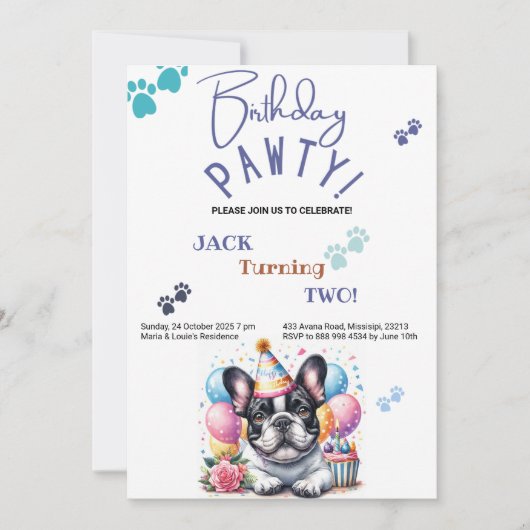 誕生日ポーティフランスのブルドッグ誕生日 招待状 (正面)