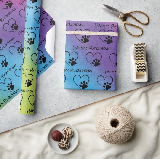 誕生日ポープリントとレインボーのハート ラッピングペーパー (クラフト)