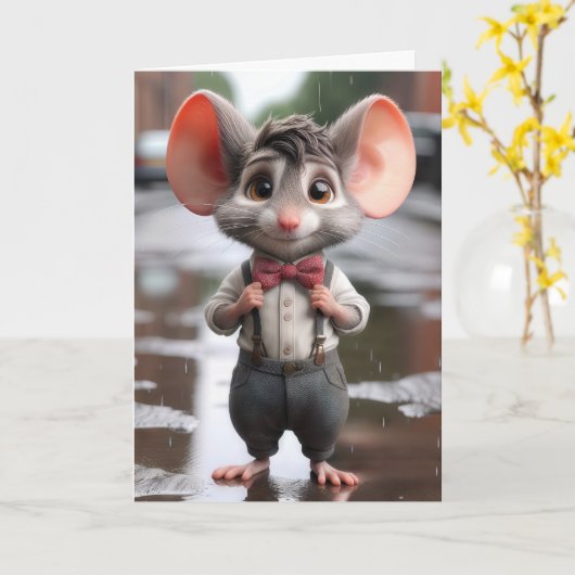 誕生日マウスが蝶ネクタイを着用 カード (黄色い花)